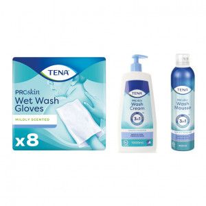 Combi Product: Tena Wet Wash Gloves + Wash Cream + Wash Mousse